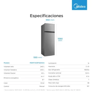 Heladera Cíclica Midea Top Mount 240L Silver - MDRT333FGE50A - Image 3