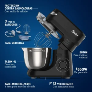 Batidora Planetaria Oster® 12 velocidades, Tazón de Acero Inoxidable, Capacidad de 4 lt, Incluye 4 Accesorios, 850 W, Negro, FPSTSMPL2B - Image 5