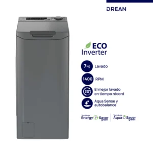Lavarropas Carga Superior Ecoinverter 7 Kg 1400 RPM Gris Drean - LTDRI0714PG0 - Imagen 1
